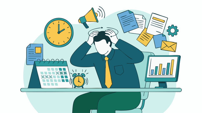 Overwhelmed businessman dealing with work stress, deadlines, and pressure