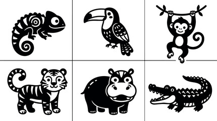 Obraz premium Chameleon toucan monkey tiger hippo and crocodile animals