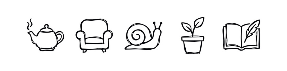 Cozy Home and Hobby Hand Drawn Icons Featuring Teapot Armchair and Book © liubomir118809