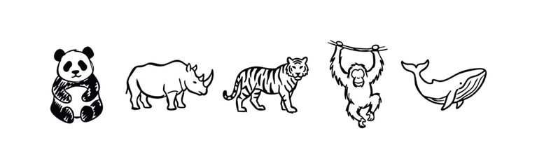Doodle Animal Icons: Panda, Rhino, Tiger, Monkey, and Whale © liubomir118809