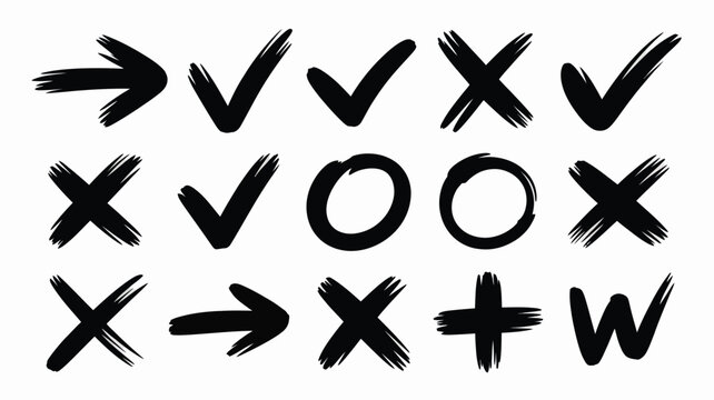 Collection of hand drawn check marks crosses arrows and abstract shapes