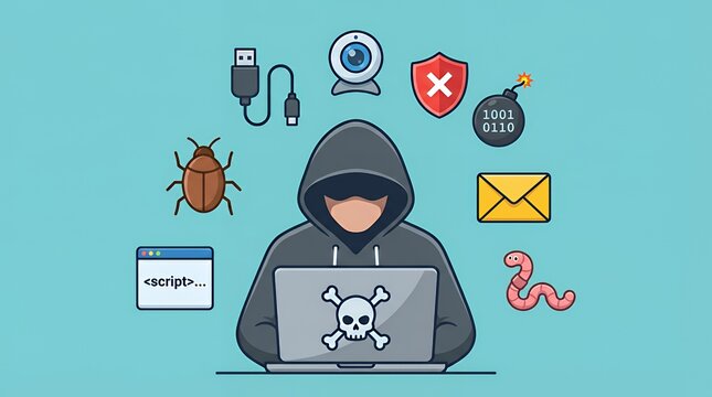 Illustrative Cyber Attack: Faceless Hacker and Floating Malicious Software Tools