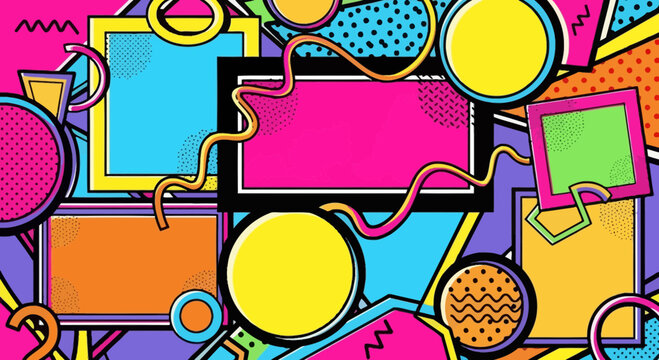 Retro 80s Memphis Design Pattern with Geometric Shapes and Bright Colors