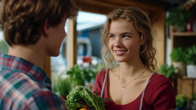 Close-up of a young woman smiling as her partner hands her a colorful vegetable, Easter decorations and potted herbs surrounding them, sunlight streaming through large windows, cin