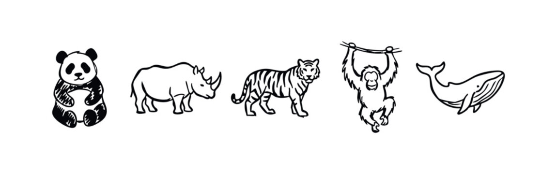 Doodle Animal Icons: Panda, Rhino, Tiger, Monkey, and Whale