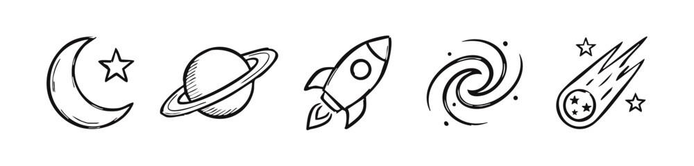 Doodle drawings of space objects: moon, planet, rocket, galaxy, comet © liubomir118809
