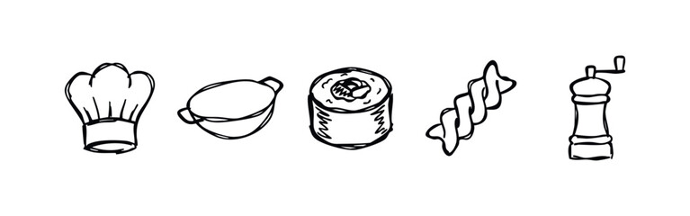 Doodle icons of cooking: chef hat, bowl, sushi roll, pasta, pepper grinder © liubomir118809