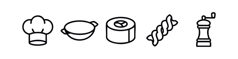 Line art icons of cooking: chef hat, bowl, sushi roll, pasta, pepper grinder © liubomir118809