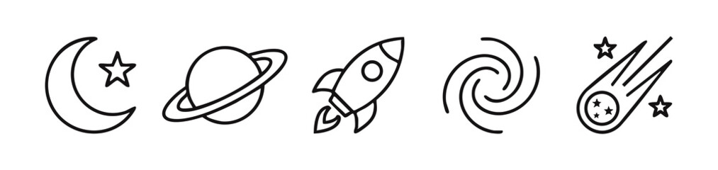 Line art icons of space objects: moon, planet, rocket, galaxy, comet © liubomir118809