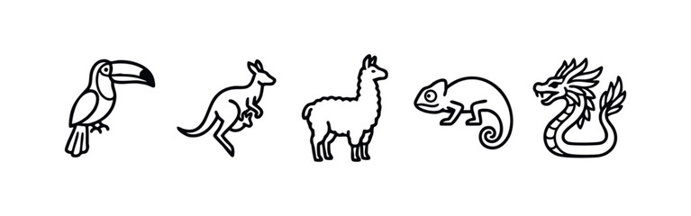 Fototapeta premium Line art icons of animals: toucan, kangaroo, llama, chameleon, dragon
