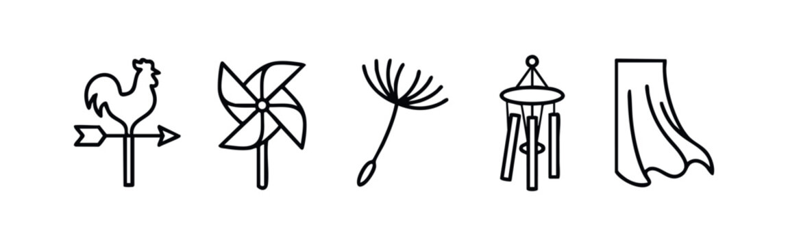 Line art icons of wind and weather: weathervane, pinwheel, dandelion, wind chimes, curtain
