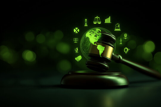 Close-up of a judge&rsquo;s gavel with balanced scales, integrated with a glowing green world map and environmental icons, symbolizing global climate law