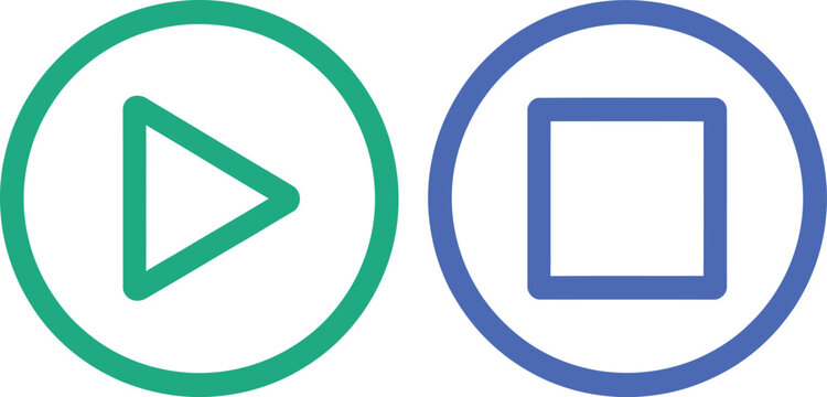 Green play button and blue stop button icons used for media player control interface navigation elements