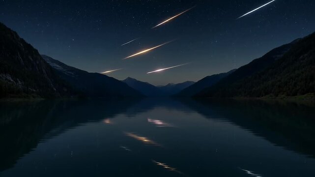 Meteor shower serene mountain lake at night