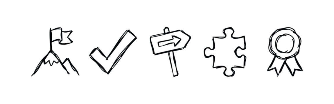 Success and Achievement Icons: Mountain Top Flag, Checkmark, Signpost, Puzzle, Medal