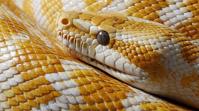 Close-up of a yellow and white python showing detailed scales and eye