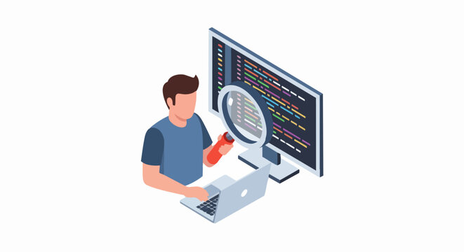 Isometric Software Developer Debugging Code with Magnifying Glass - Professional QA Testing and Programming Illustration