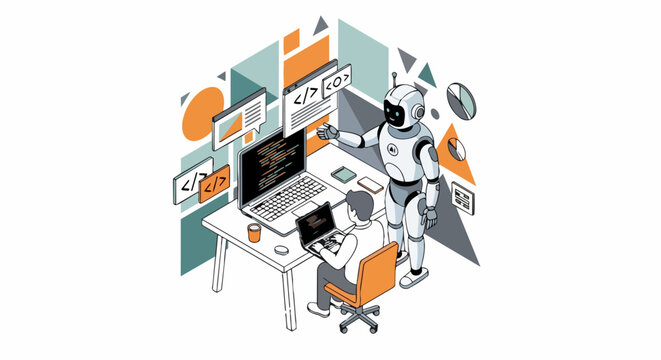 Isometric AI Software Development Illustration: Human Developer and Robot Collaborating on Coding, Pair Programming, and Artificial Intelligence Integration