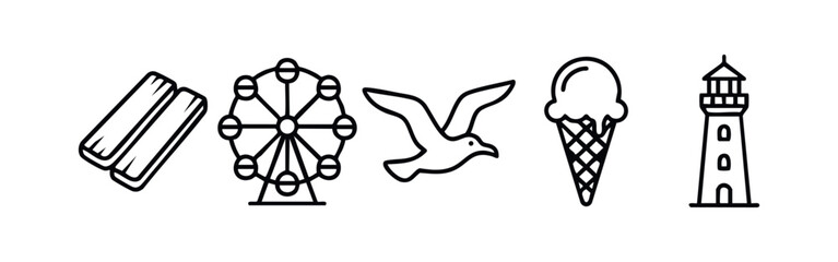 Summer beach and vacation line art icon set, includes ferris wheel, ice cream, seagull, lighthouse, and books. © liubomir118809