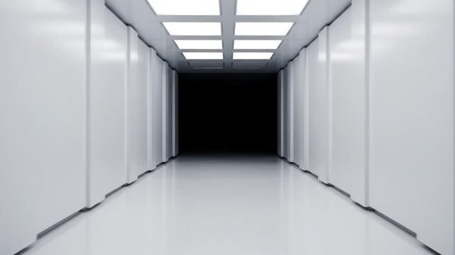 Symmetry in a long sterile white corridor with reflective floors and grid ceiling lighting. The empty architectural space features repeating vertical panels leading to a black exit.