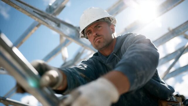 Dynamic perspective shot from below, construction worker in white hard hat tightening a bolt above, sun flare reflecting off steel beams, scaffolding creating geometric patterns, u