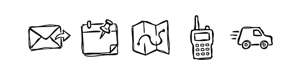 Logistics and Communication Tools Hand Drawn Doodle Icon Set © liubomir118809