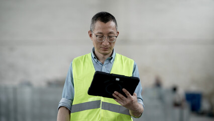 A middle-aged male worker wearing glasses and a reflective vest holds a tablet for inspection in an...