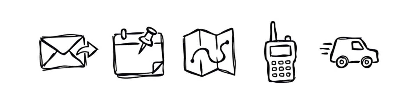 Logistics and Communication Tools Hand Drawn Doodle Icon Set