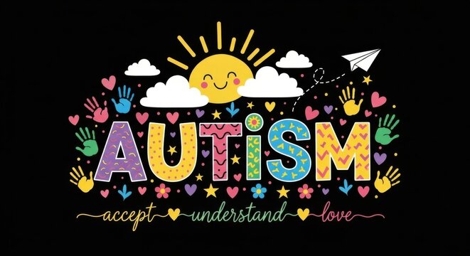 Colorful autism awareness illustration with sun, clouds, paper plane, and hearts.