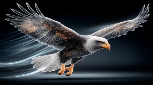Eagle flying in a digital wireframe design showcasing its wings and body structure
