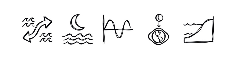 Doodle icons related to tides, moon, graphs, earth, and coast. © liubomir118809