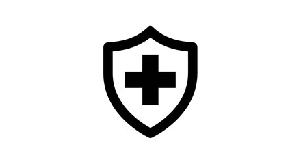 Fototapeta premium A black and white medical shield icon with a cross on a plain background