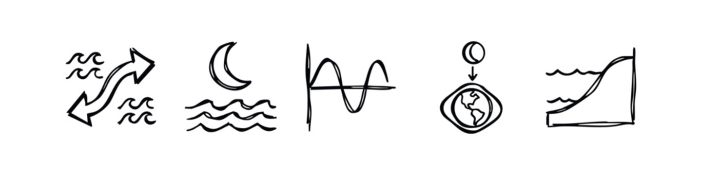 Doodle icons related to tides, moon, graphs, earth, and coast.