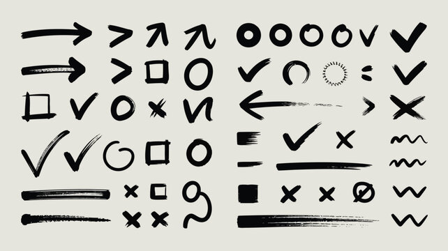 Collection of hand drawn arrows checkmarks shapes and various brushstroke elements