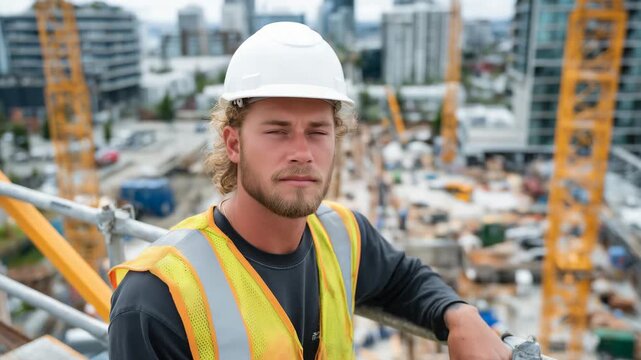 High-angle view of a man in white hard hat and safety vest perched on a steel framework, carefully fastening a bolt, construction site bustling in the background with cranes and pa