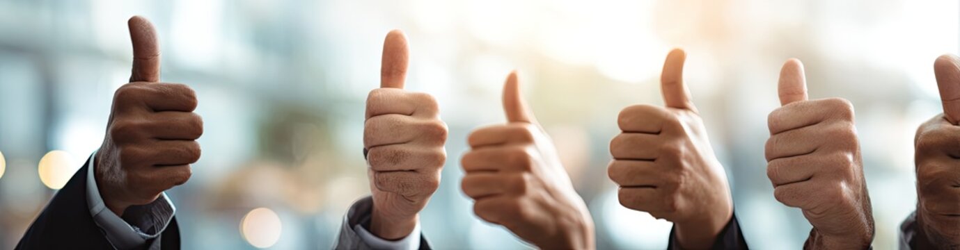 Multiple Thumbs Up Gestures Conveying Success and Agreement in Business Setting.