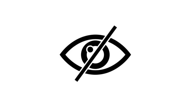 A black and white illustration of an eye with a diagonal line through it on a plain background