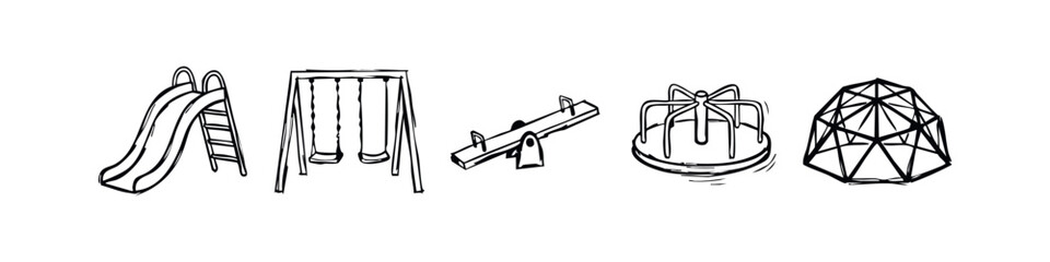 Hand-drawn Playground Equipment Doodle Icons Set with Slide Swings Seesaw and Carousel © liubomir118809
