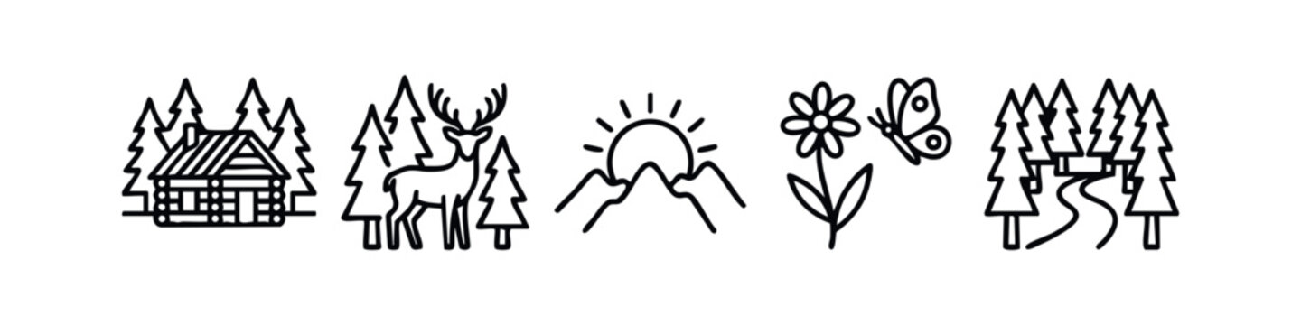 Clean Line Art Nature and Outdoor Scenery Icon Set with Cabin Wildlife and Mountains