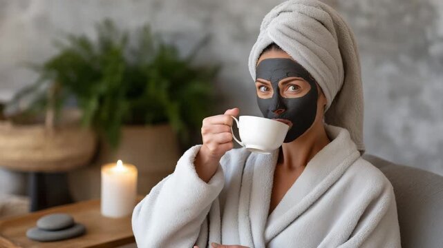 Joyful spa guest wearing charcoal clay mask and fluffy towel wrap, seated comfortably with a cup of herbal tea on a side table, gentle candle glow and stacked stones nearby, warm c