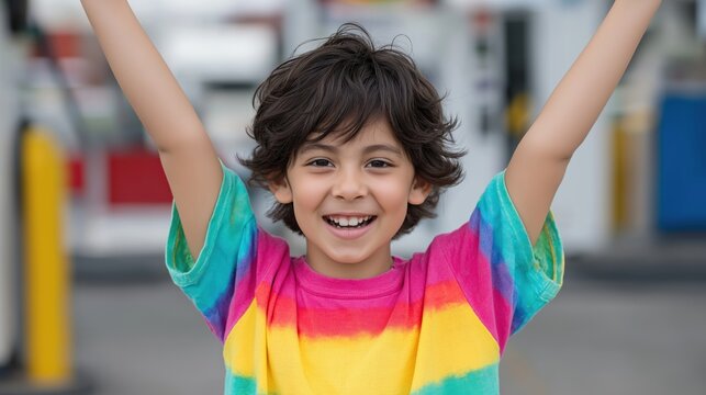 Cheerful hispanic child smiling with raised arms in colorful rainbow shirt outdoors