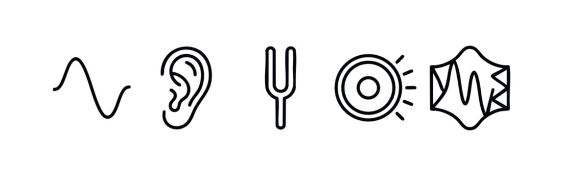 Vector icons: Sound wave, ear, tuning fork, speaker, sound waves.