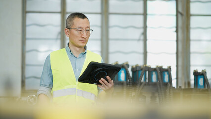 Engineer in factory workshop holding tablet to inspect industrial equipment