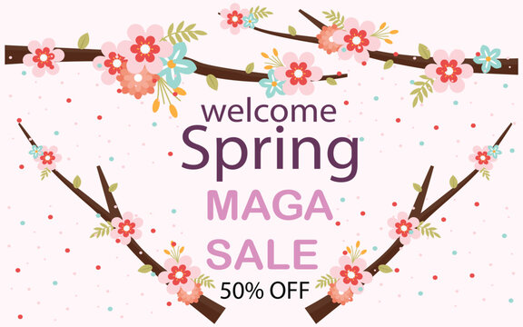 Spring sale banner with floral decoration welcome spring Maga sale vector design