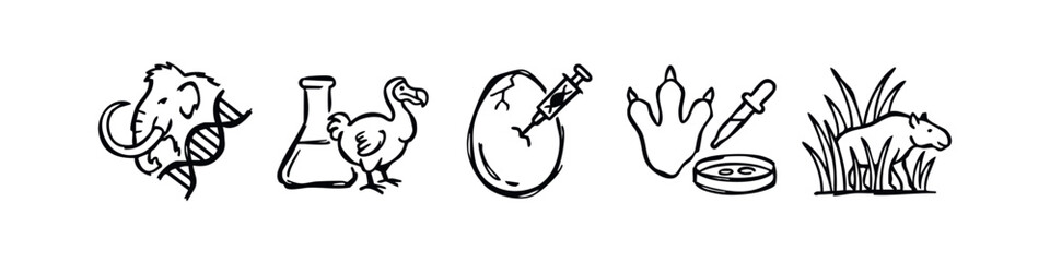 Doodle Icons: Mammoth, DNA, Beaker, Dodo Bird, Cracked Egg, Footprint, Pipette © liubomir118809