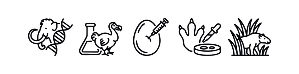 Outline Icons: Mammoth, DNA, Beaker, Dodo Bird, Cracked Egg, Footprint, Pipette © liubomir118809