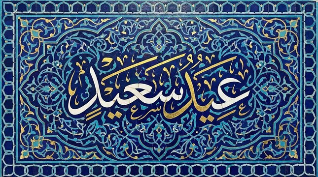 Islamic Calligraphy "Eid Saeed" in blue intricate tile mosaic
