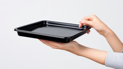 Female hands holding black rectangular tray with neutral background