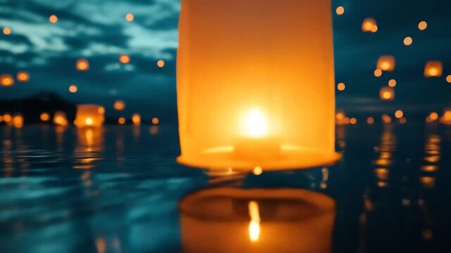 Floating lanterns on water at night with ambient glow and reflections