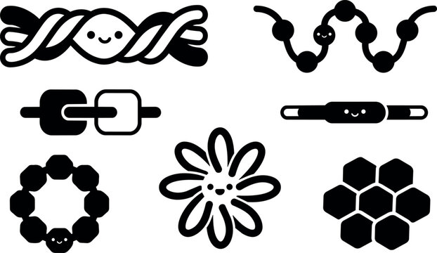 Black and white cartoon style smiling chain links and honeycomb shapes vector art